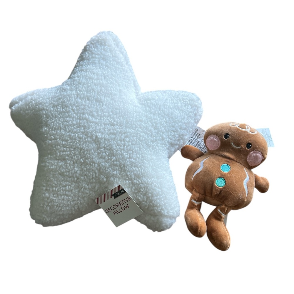 NWT White Star Decorative Pillow and Brown Gingerbread Plush Doll
